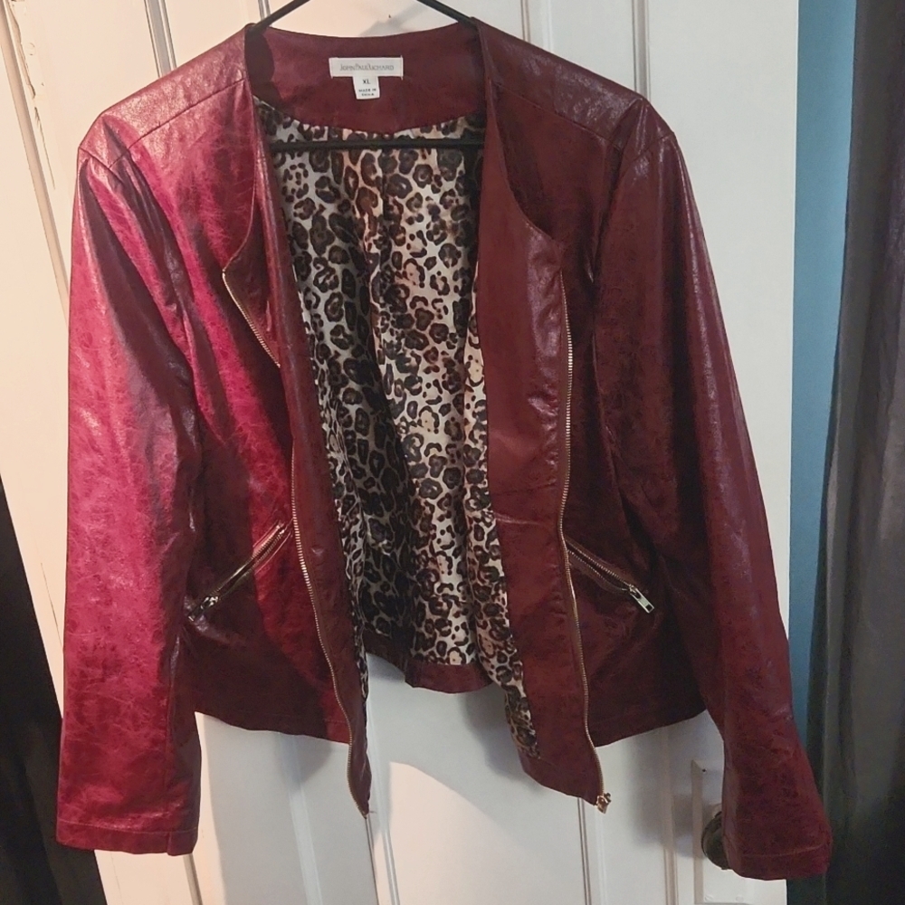 JohnPaulRichard Red and Cheetah Print w/gold hardware Faux leather jacket/blazer